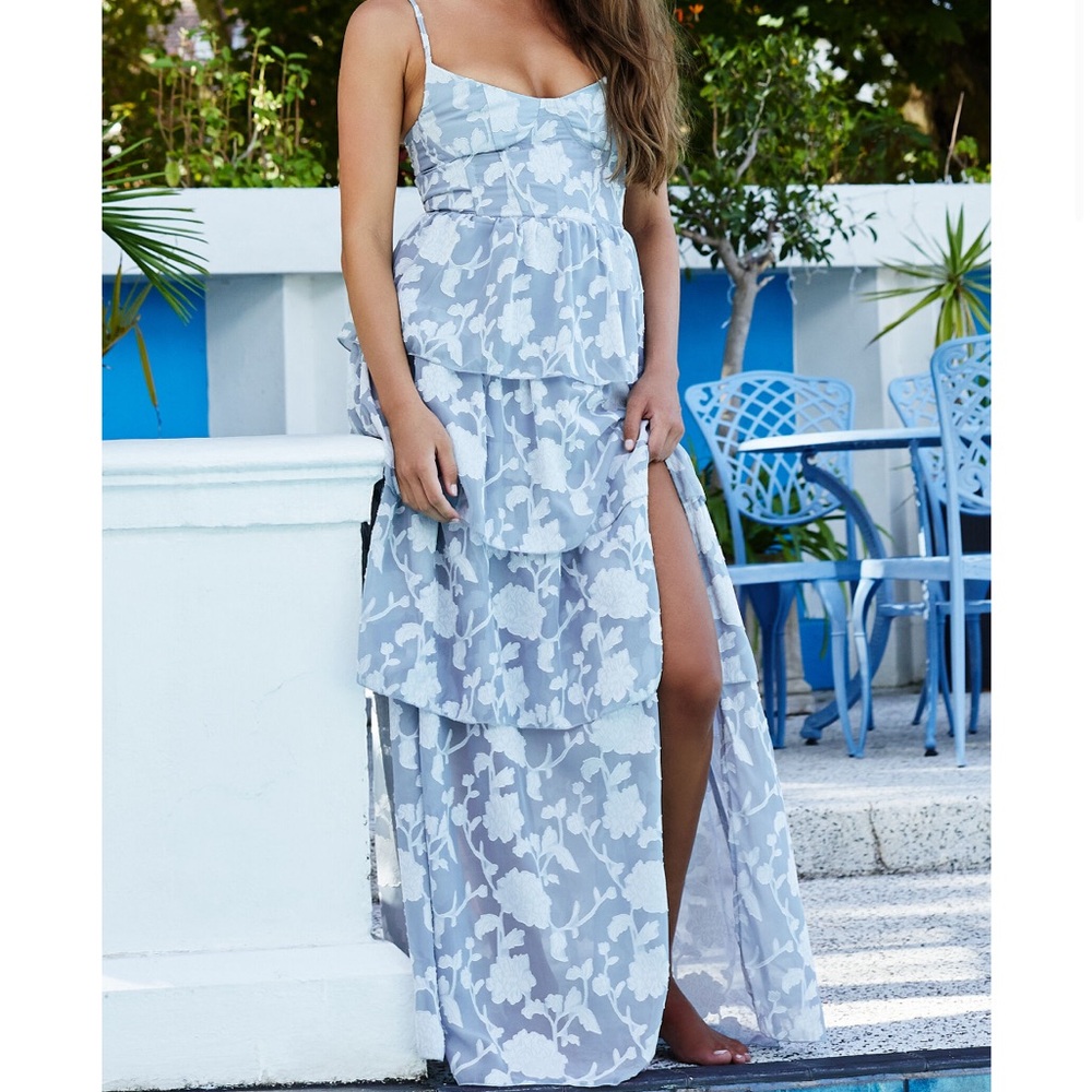 SHOWPO JANEZKIE DRESS - FEMME TIERED JACQUARD DRESS LIGHT BLUE 8/L
